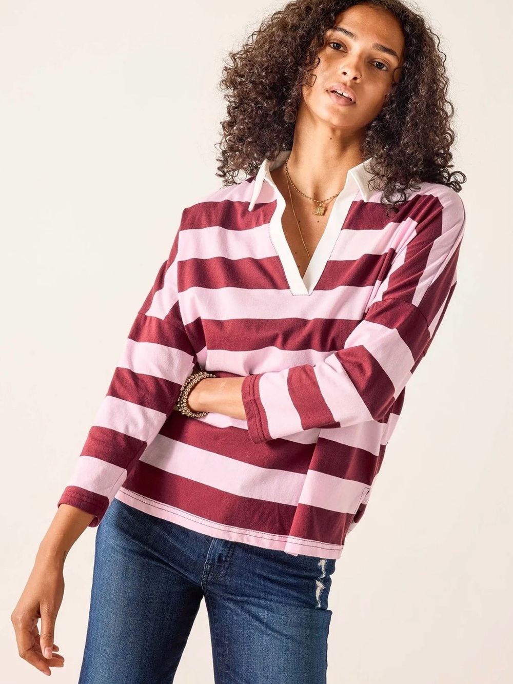 NWT Amelia Rugby Tee in True Burgundy/Light Pink, Size P